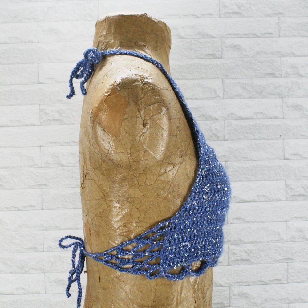 HAND CRAFTED Crop Top Crochet Cut Out Bikini Halter Festival Rave Metallic Blue - Picture 4 of 14